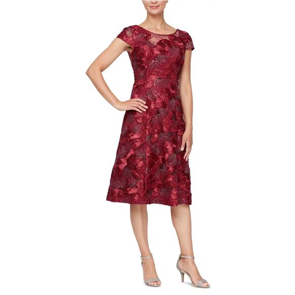 Alex Evenings Women's Cocktail Dress Size 14W Red Embroidered A-Line Midi - Picture 12 of 14